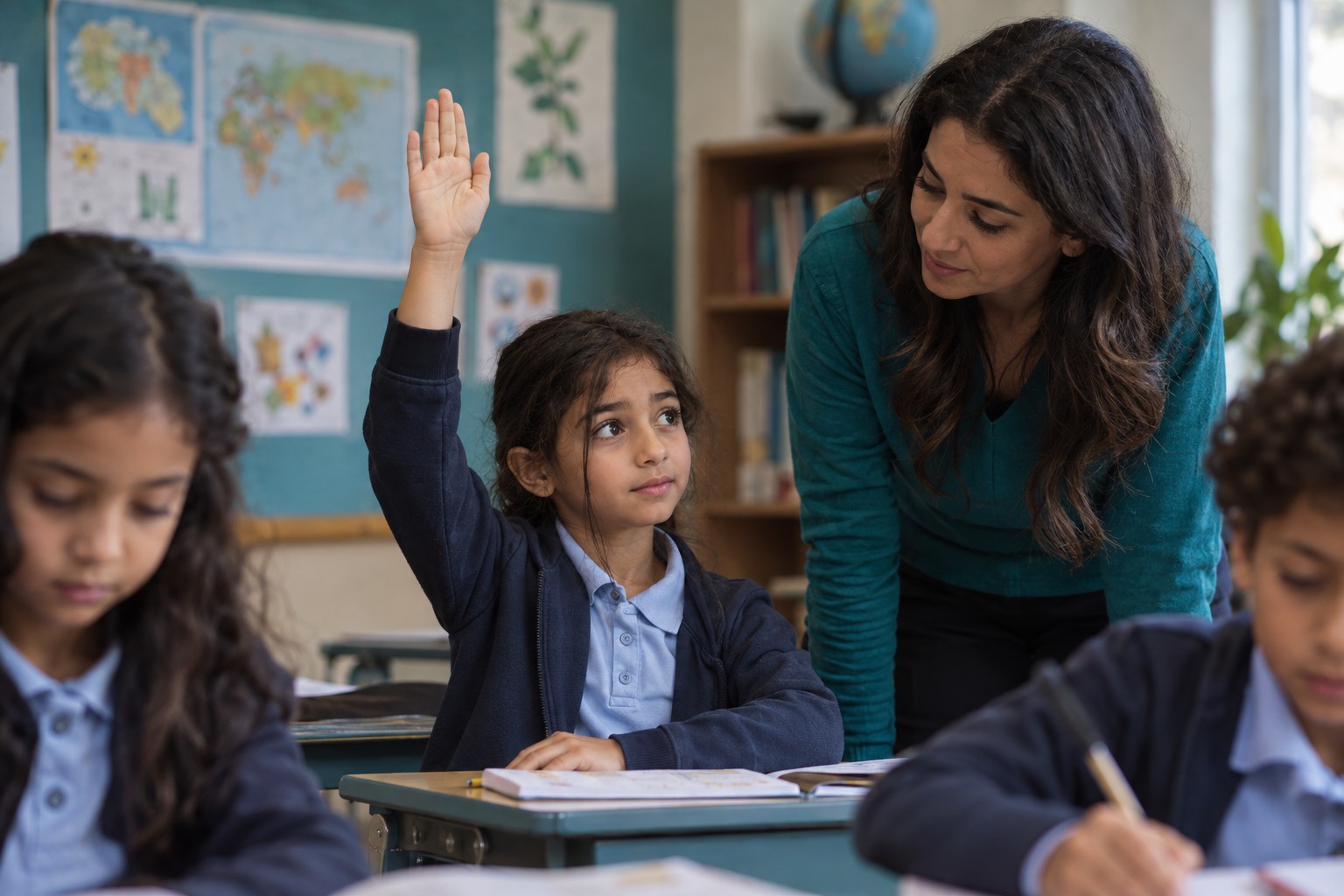 Una niña levanta la mano con timidez mientras su profesora la observa.
